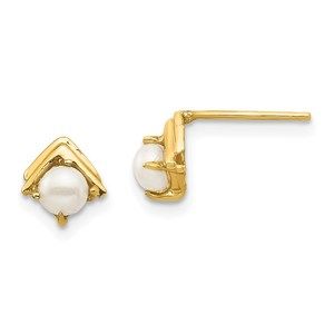 14k Yellow Gold Childrens 3-4mm White Button FWC Pearl Post Earrings